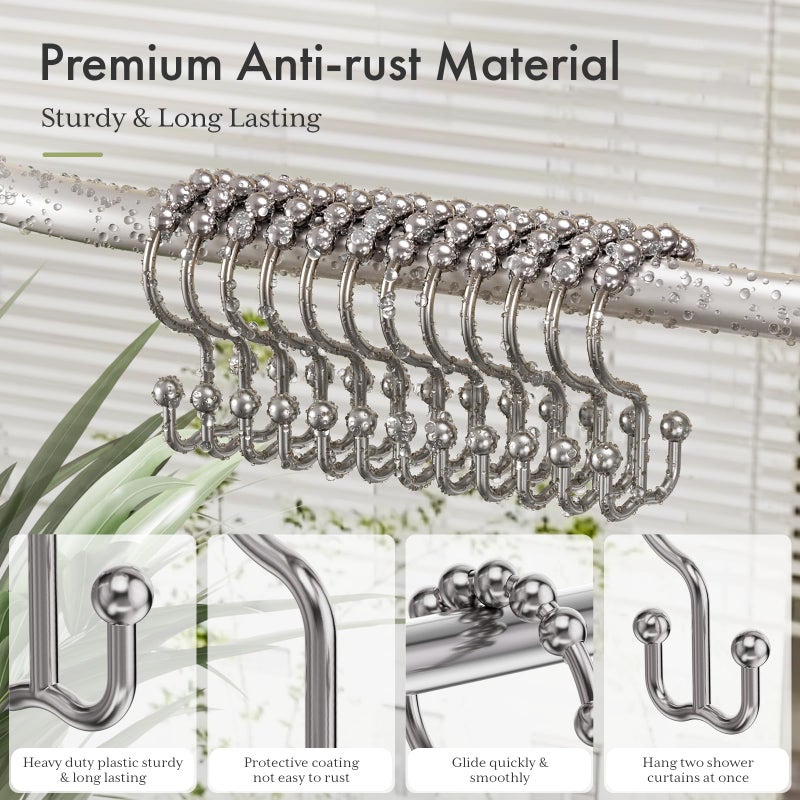 Amazer Shower Curtain Hooks, Plastic Double Shower Curtain Rings, Shower Hooks for Bathroom Shower Curtain Rod - Set of 12, Nickel - Image 3